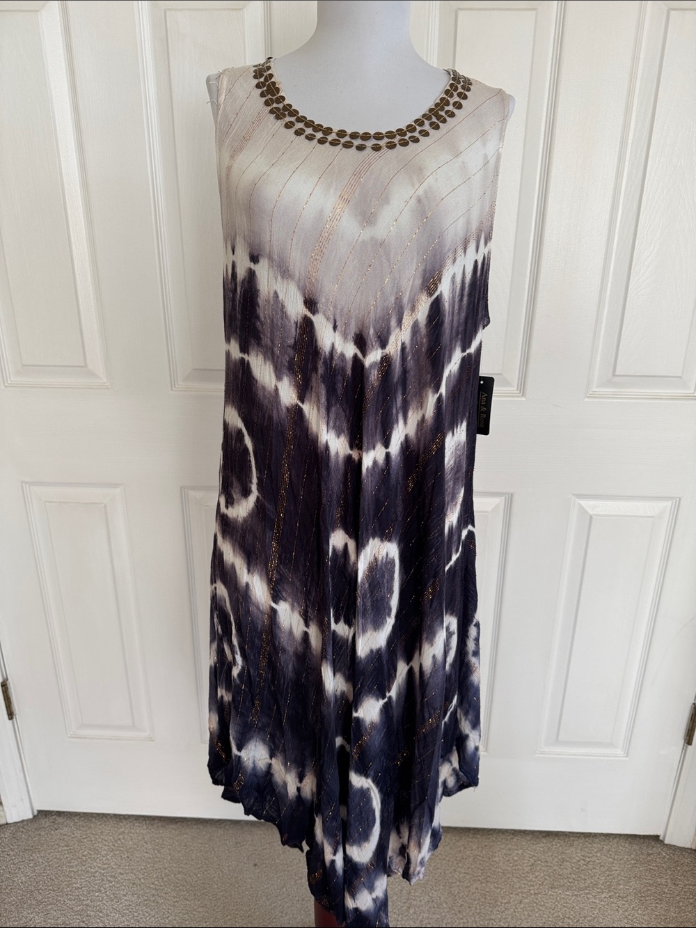 Sleeveless Tie-Dye Maxi Dress with Embellished Neckline